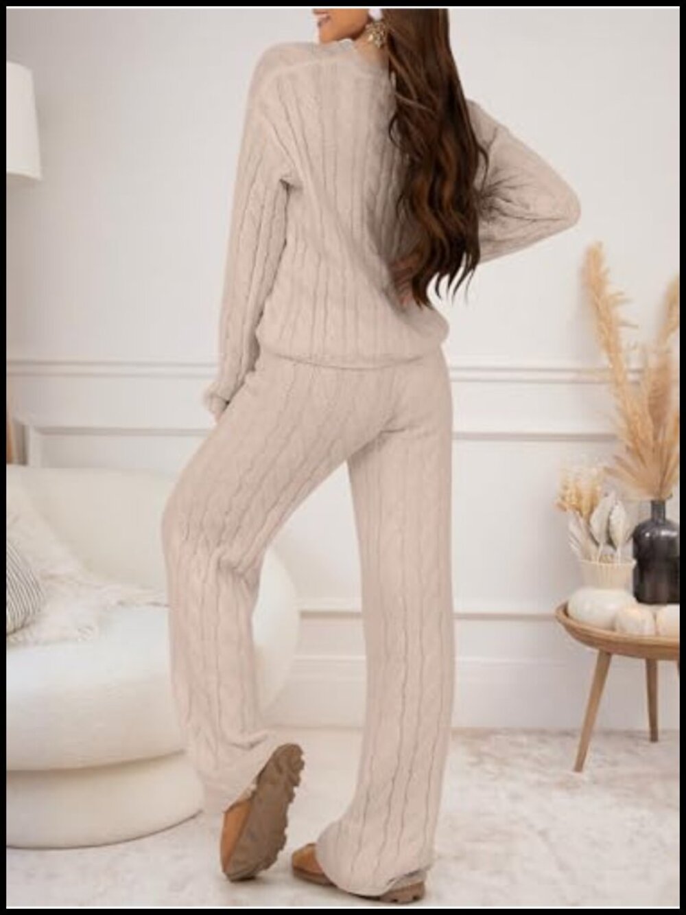 Cozy Cable Knit Sweater and Wide Leg Pants Lounge Set for Women - Picture 2 of 6